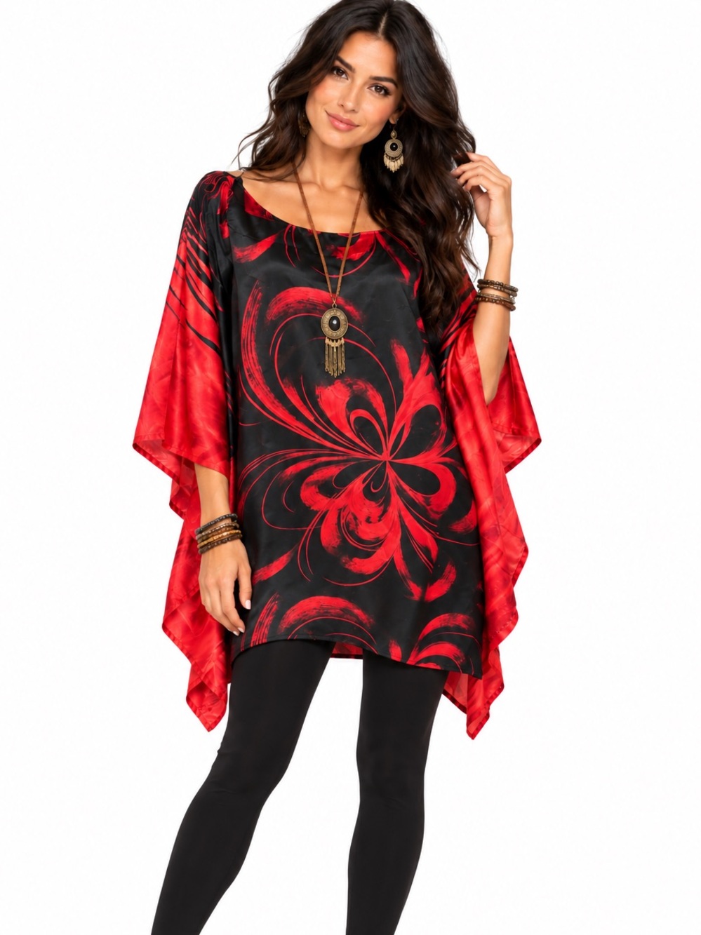 Kaelyn Max Red & Black Floral Print Satin Kimono style Tunic Top 3X